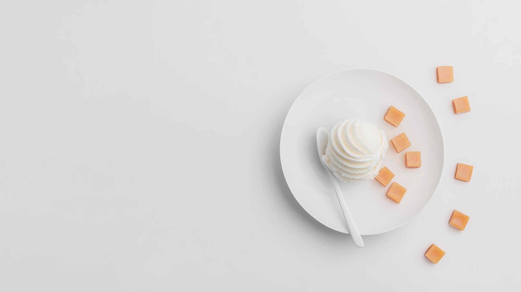 Creamy Vanilla Ice Cream Scoop with Caramel Candies on White Plate photo