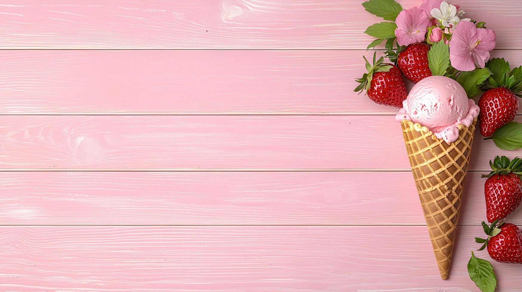 Delicious Strawberry Ice Cream Cone on Pink Wooden Background with Fresh Strawberries and Flowers photo