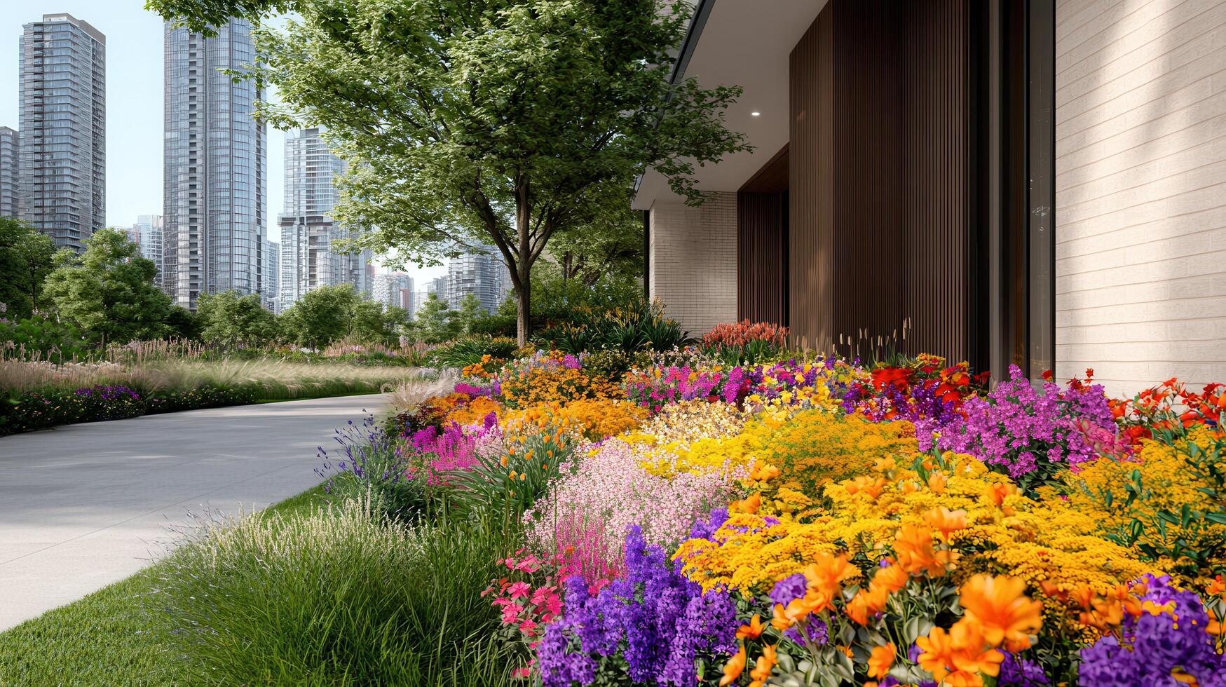 Vibrant Colorful Flowers Blooming in City Park Landscape Modern Building Background photo