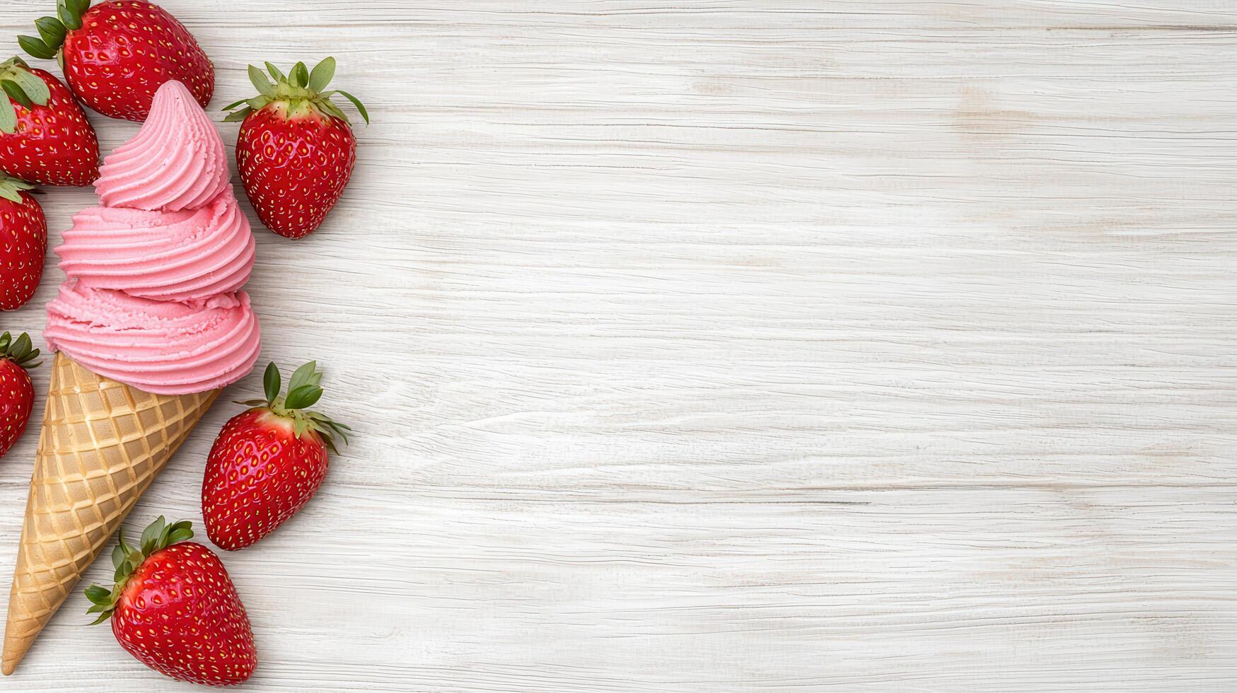 Delicious Strawberry Soft Serve Ice Cream Cone with Fresh Strawberries on White Wooden Background photo