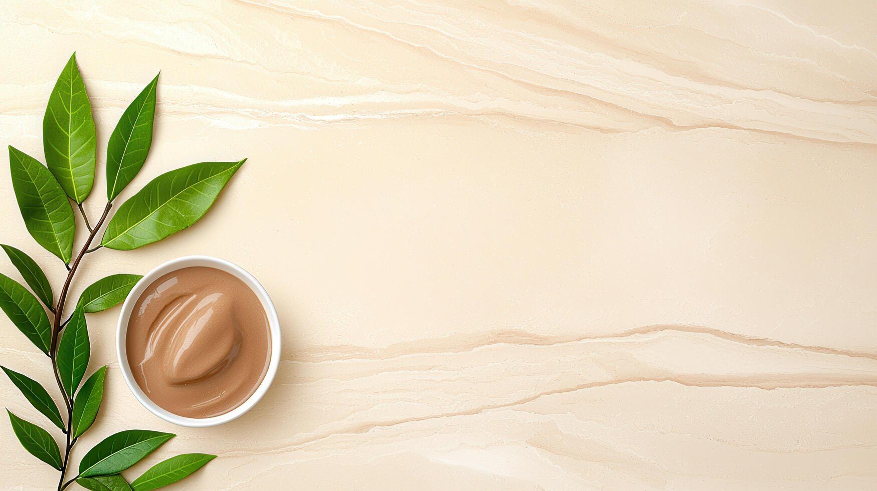 Natural Brown Face Mask Cream in Bowl with Green Leaves on Beige Marble Background photo