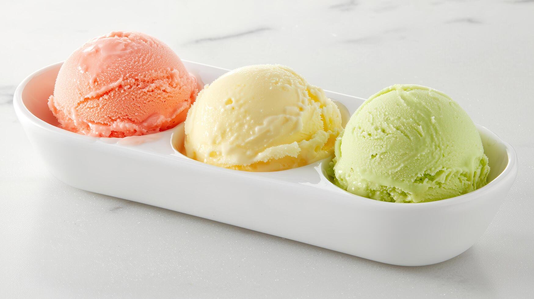 Delicious Triple Scoop Ice Cream Dessert in White Dish Strawberry Vanilla and Pistachio Flavors photo