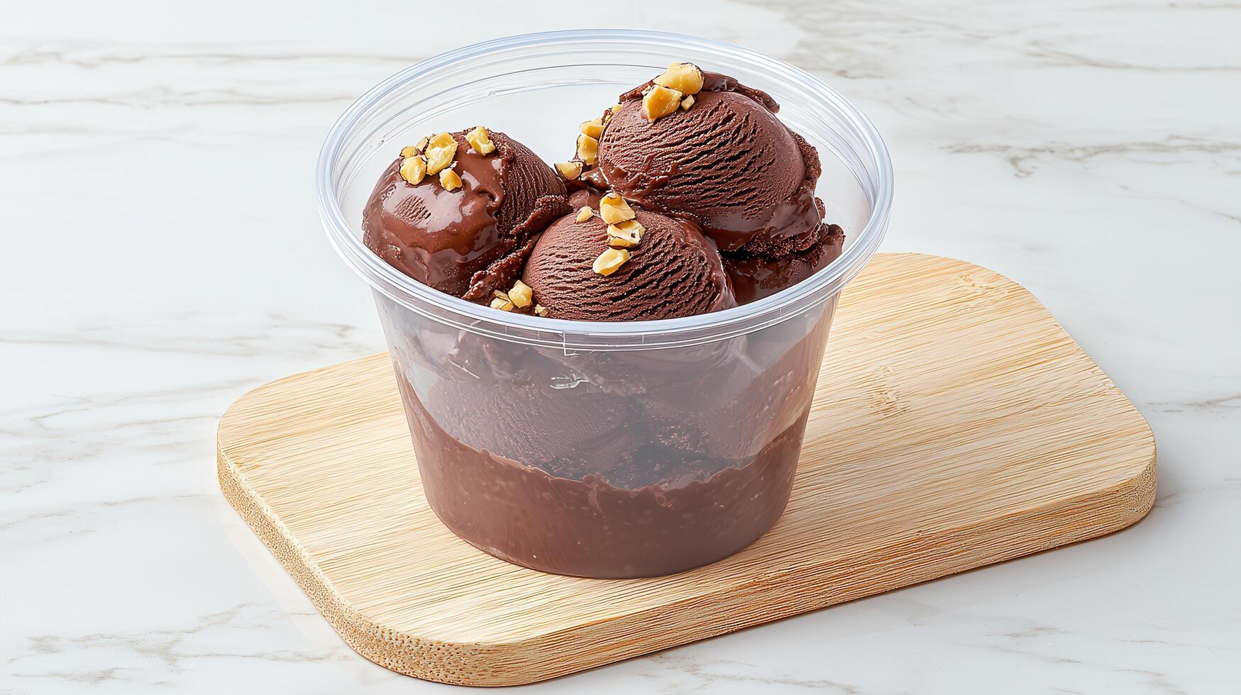 Delicious Chocolate Ice Cream Scoops with Hazelnuts in a Clear Plastic Cup photo