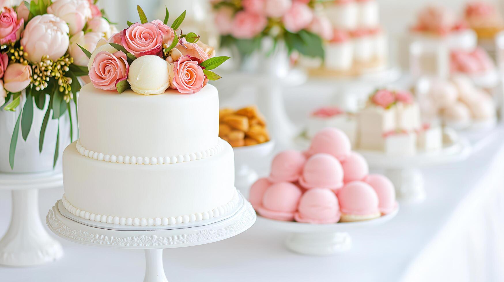 Elegant Two Tiered Wedding Cake with Pink Roses and Pearl Accents Dessert Table photo