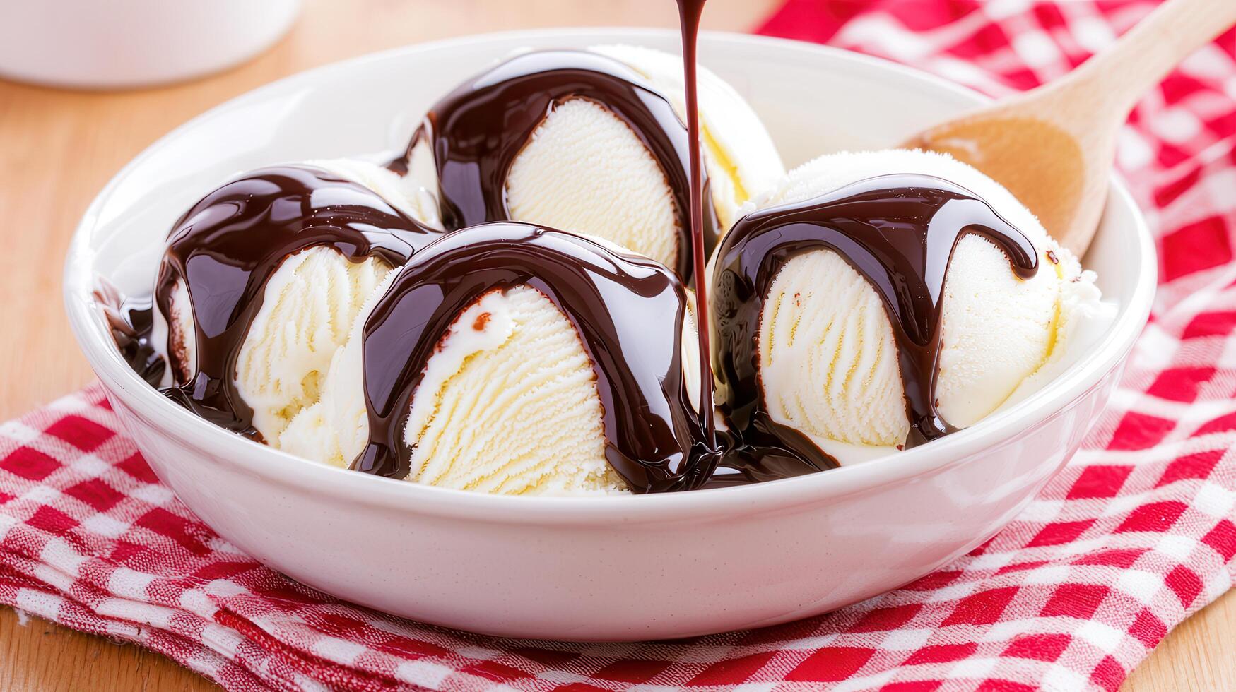 Delicious Vanilla Ice Cream Scoops Drenched in Rich Chocolate Sauce photo