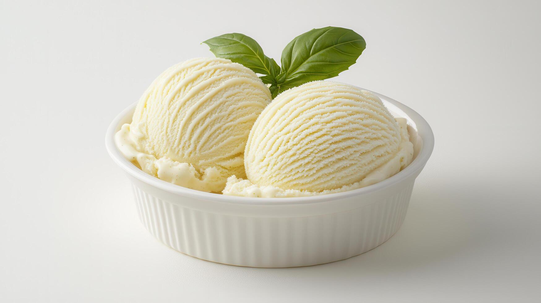 Creamy Vanilla Ice Cream Scoops in White Bowl Garnish with Basil photo