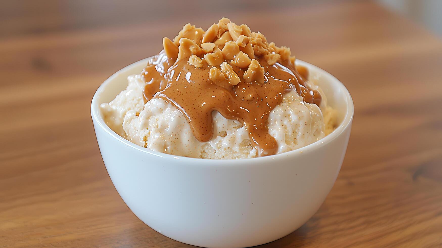 Creamy Vanilla Ice Cream with Peanut Butter Sauce and Topped with Chopped Peanuts photo