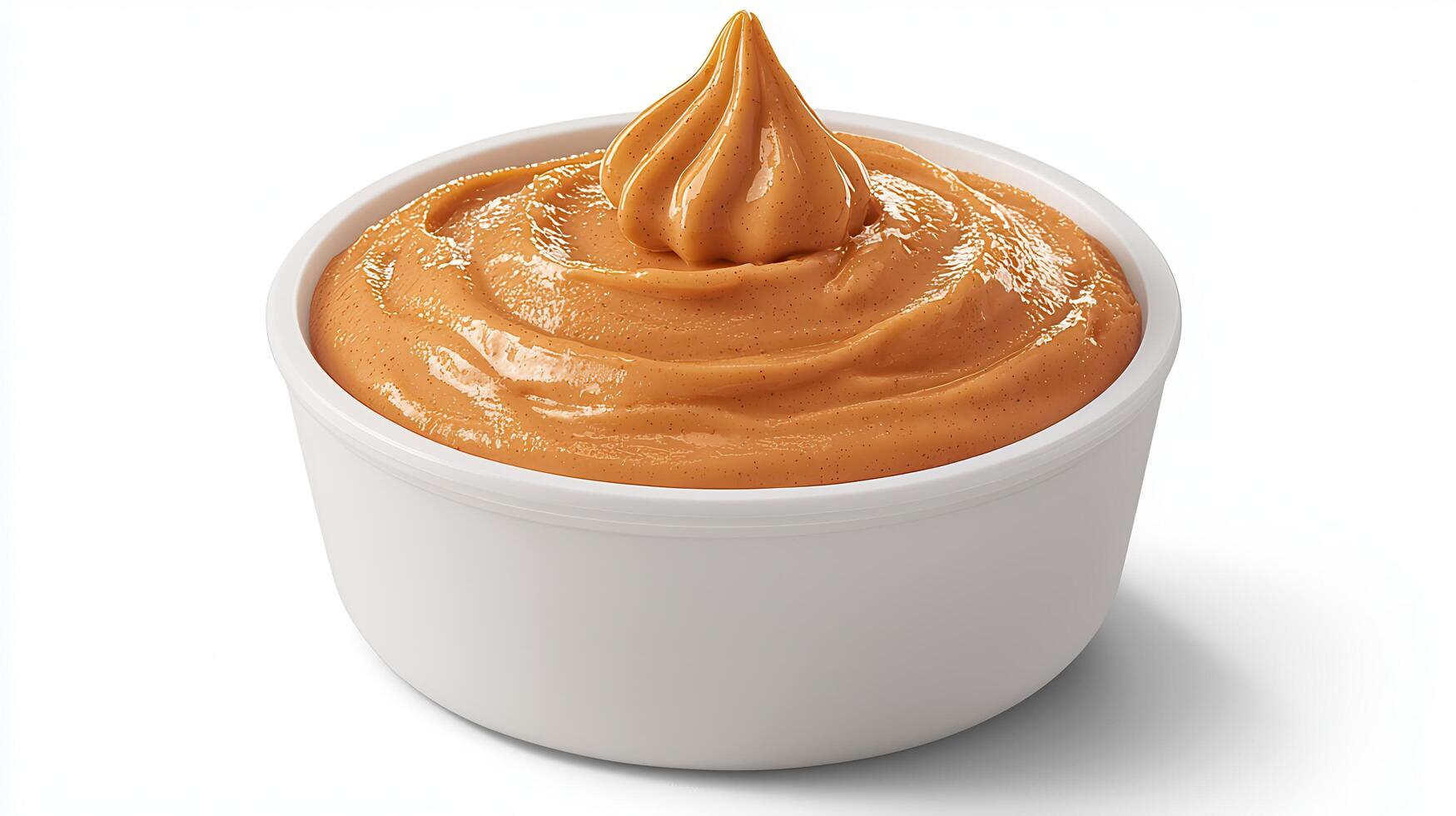 Creamy Peanut Butter Dip in White Bowl Swirled Texture Close Up Food Photography photo