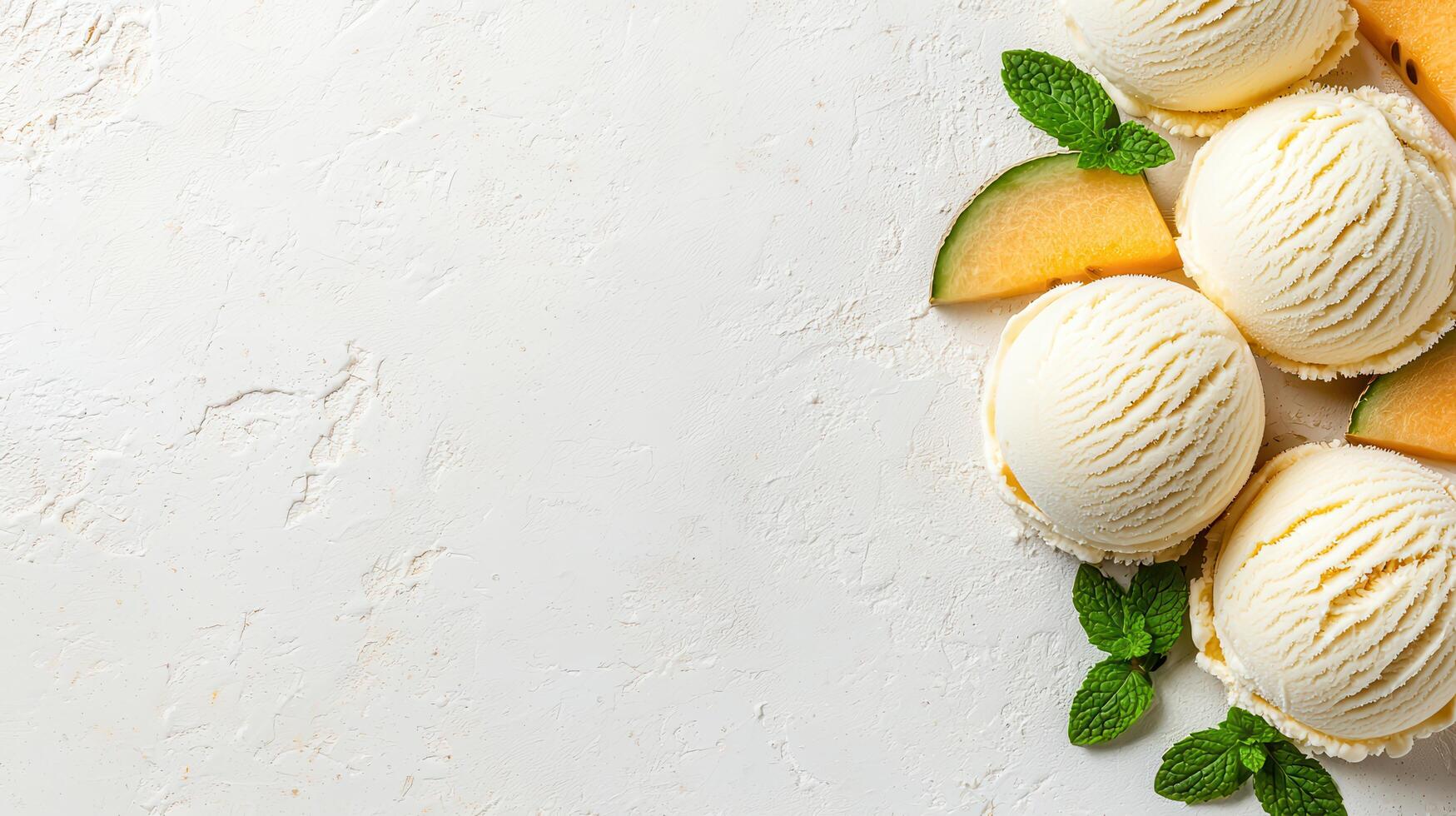 Creamy Melon Ice Cream Scoops with Mint and Melon Slices on White Background photo