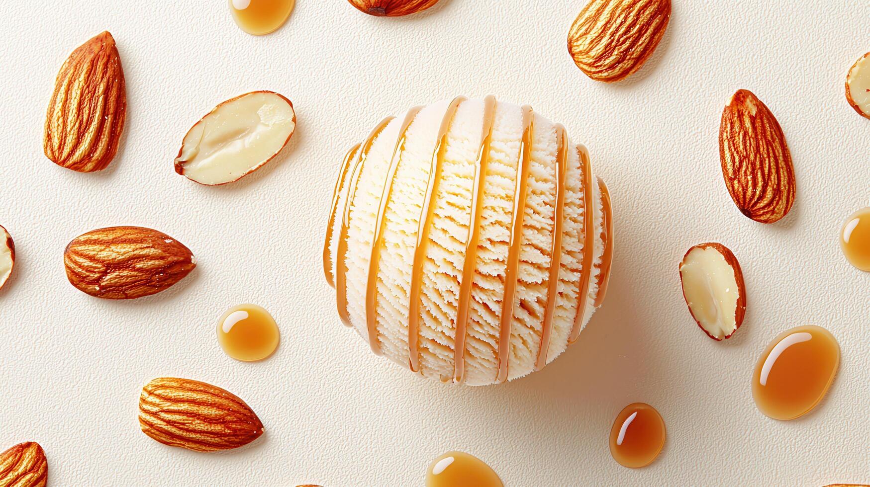 Creamy Almond Ice Cream Scoop with Caramel Drizzle and Almonds photo