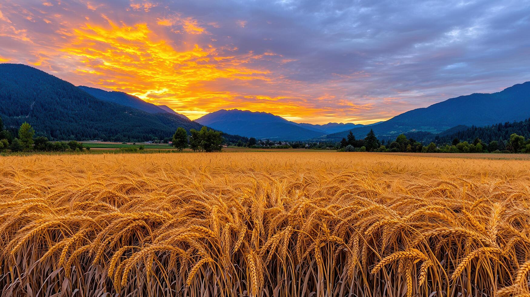 Golden Wheat Field at Sunset with Majestic Mountain Range Landscape photo