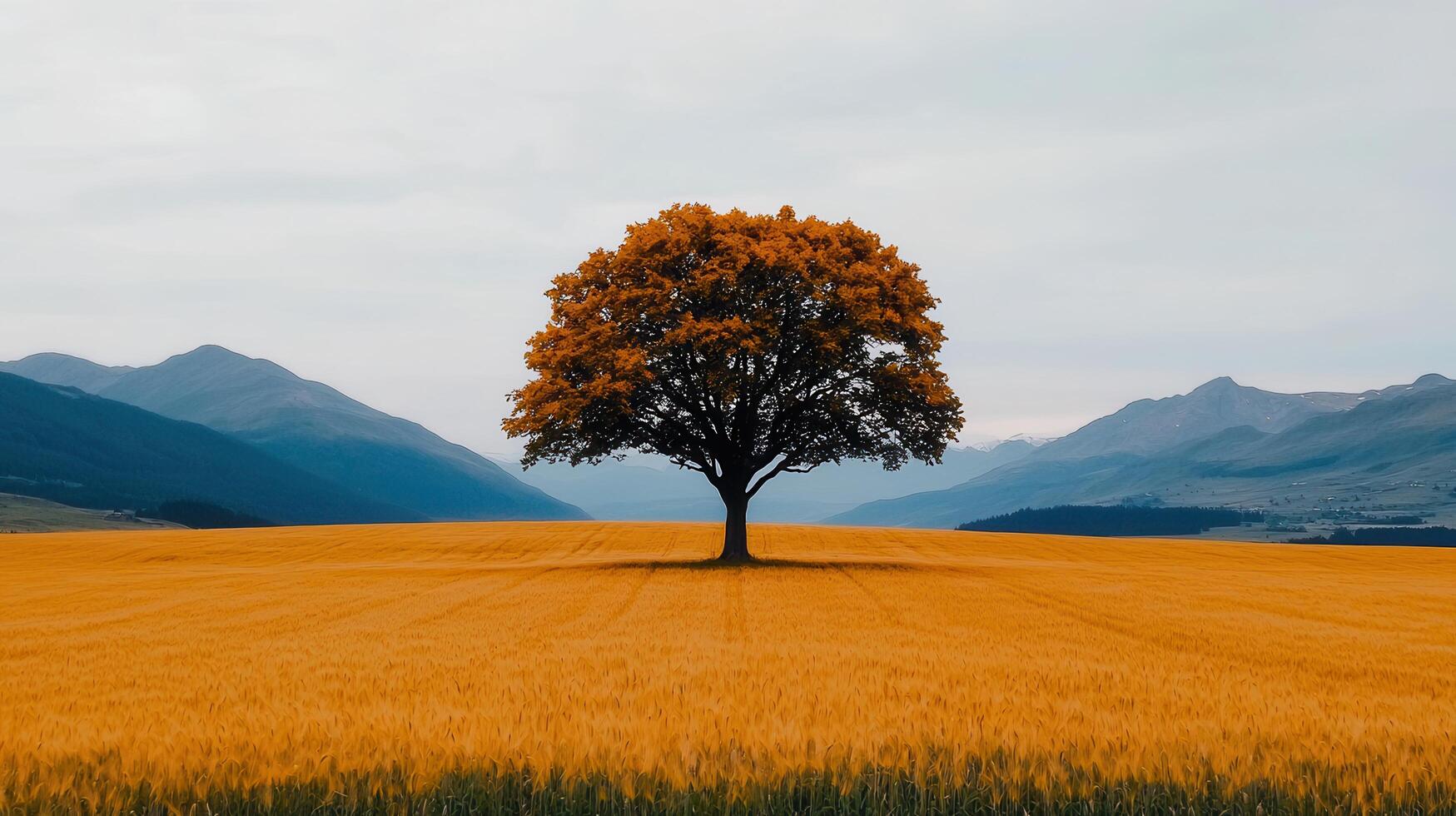 Solitary Autumn Tree in Golden Wheat Field with Mountain Background Landscape Photography photo