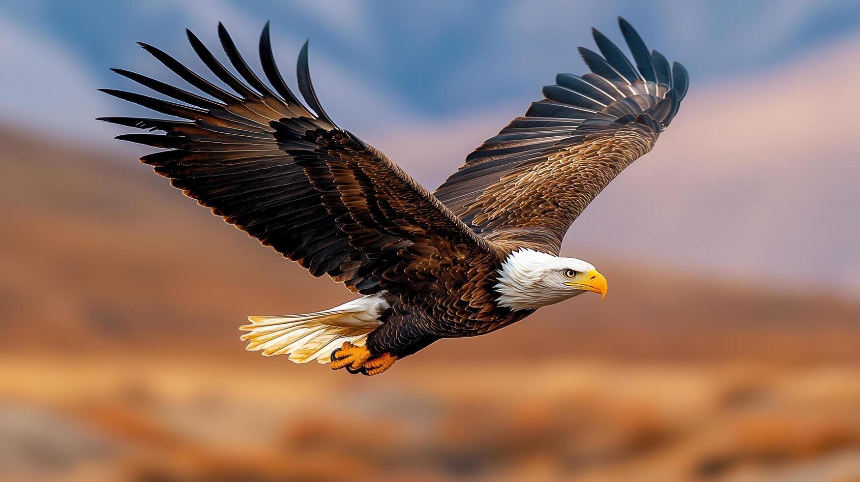 Majestic Bald Eagle in Flight over Autumnal Landscape Wings Spread Wide photo