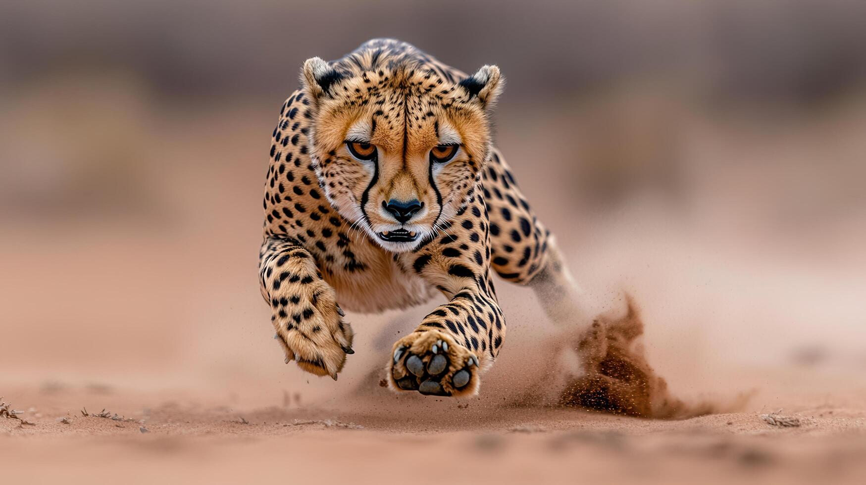 Cheetah Running Through Desert Sand Close Up Wildlife Action Shot photo