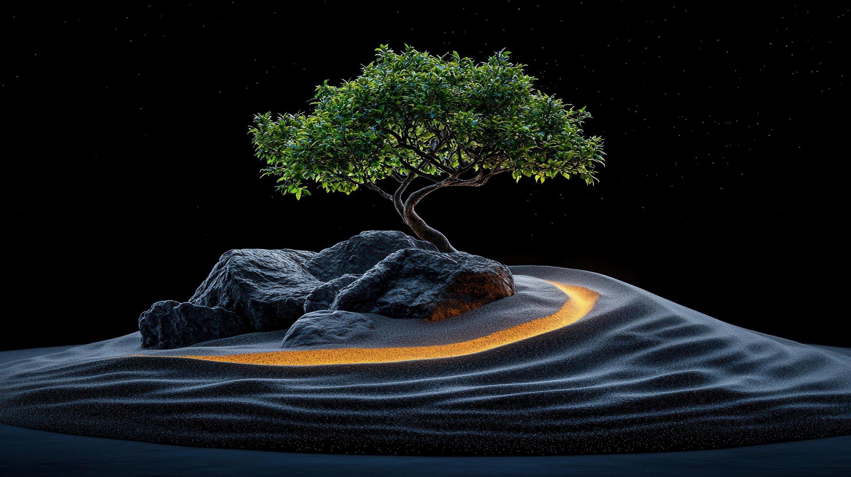 Serene Bonsai Tree on Dark Sand Dune with Glowing Path Zen Garden Minimalist Scene photo