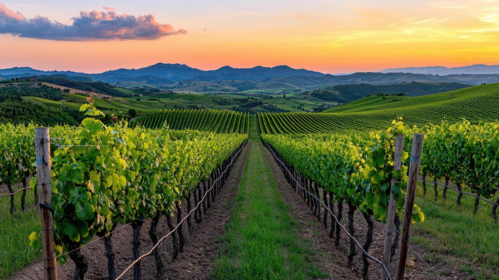 Serene Sunset Vineyard Landscape Rolling Hills Lush Grapevines and Golden Hour Light photo