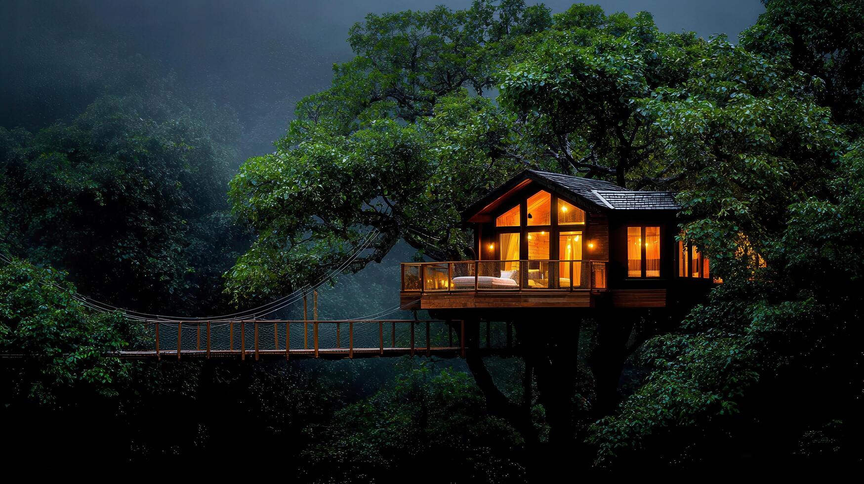 Luxurious Treetop Cabin at Night with Suspension Bridge Forest Setting photo