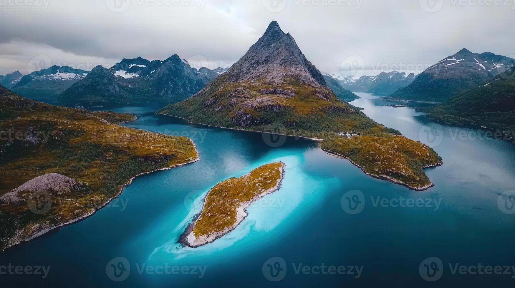 Stunning Aerial View of Fjord Island and Mountains in Norway photo