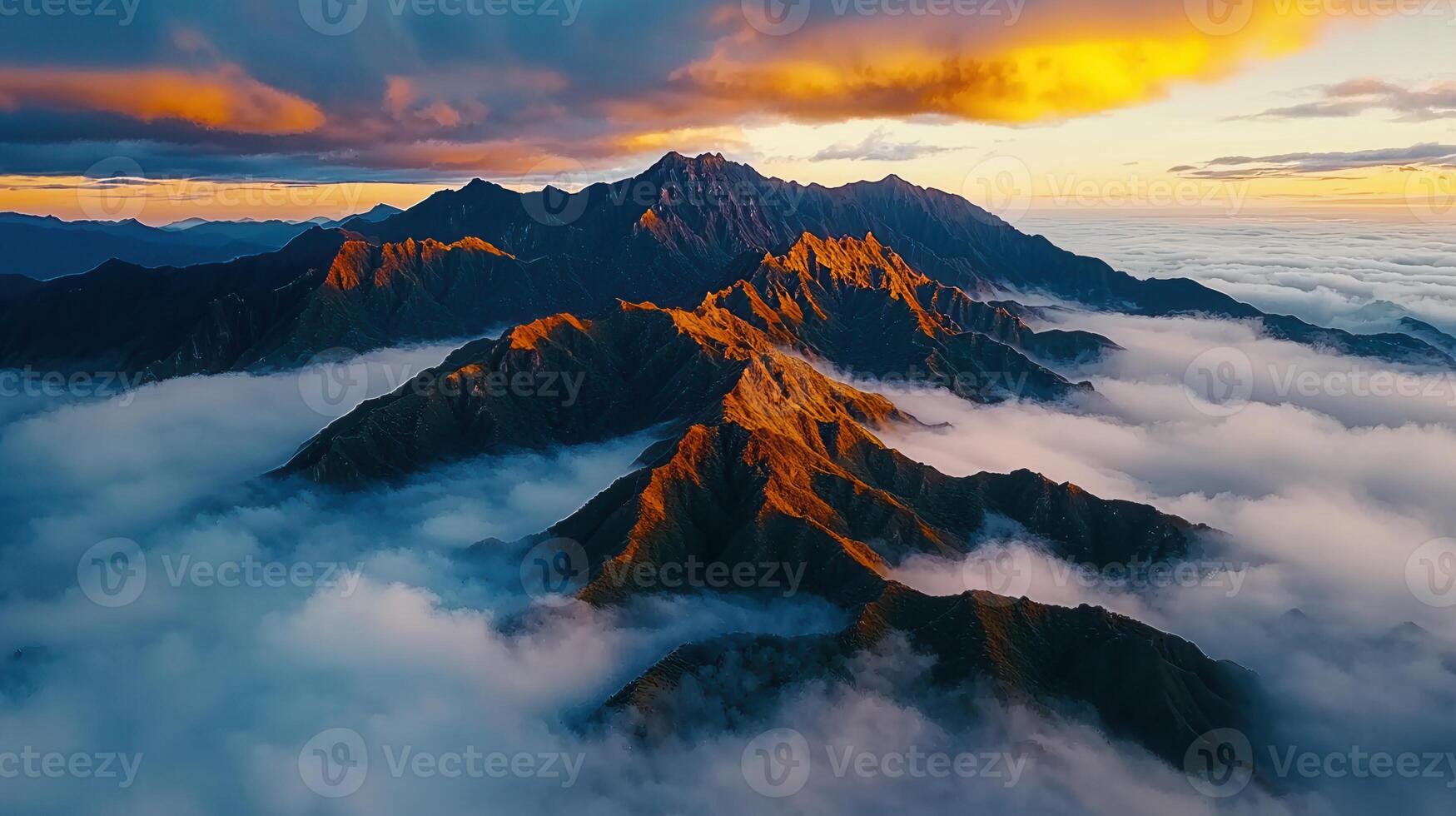 Majestic Mountain Range at Sunrise Cloudscape Aerial View Dramatic Golden Light photo