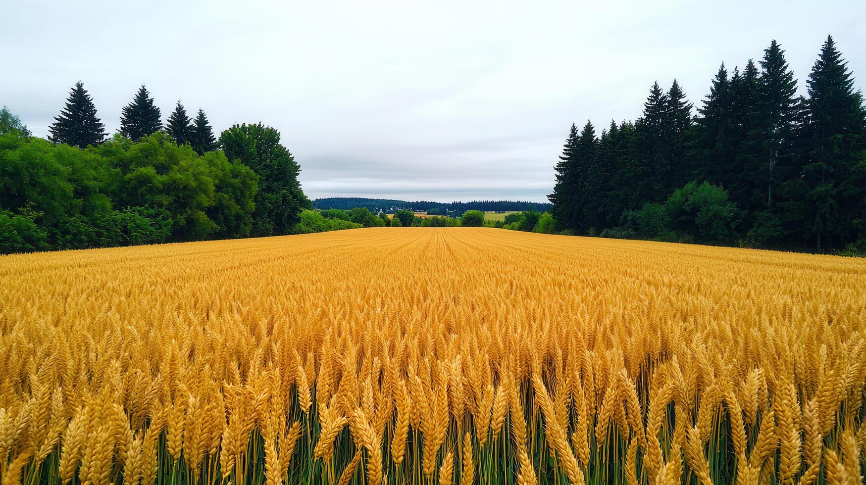 Golden Wheat Field Landscape Rural Scenery with Trees and Cloudy Sky photo
