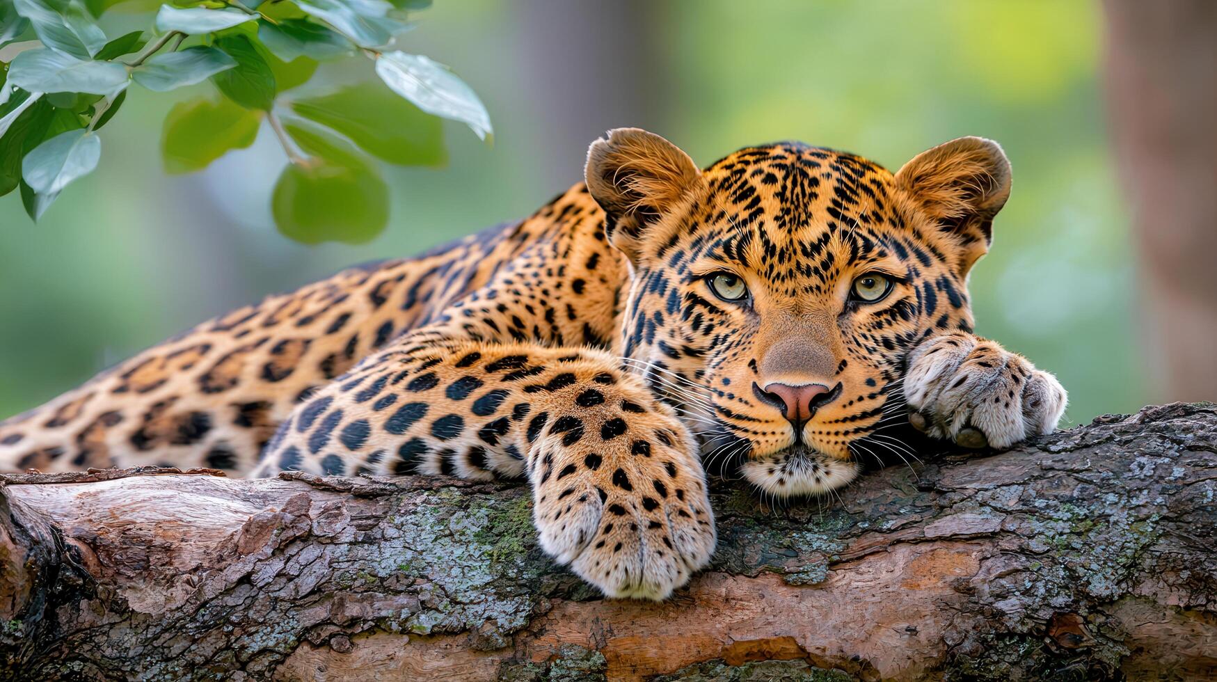 Majestic Leopard Resting on Tree Branch in Lush Green Forest photo