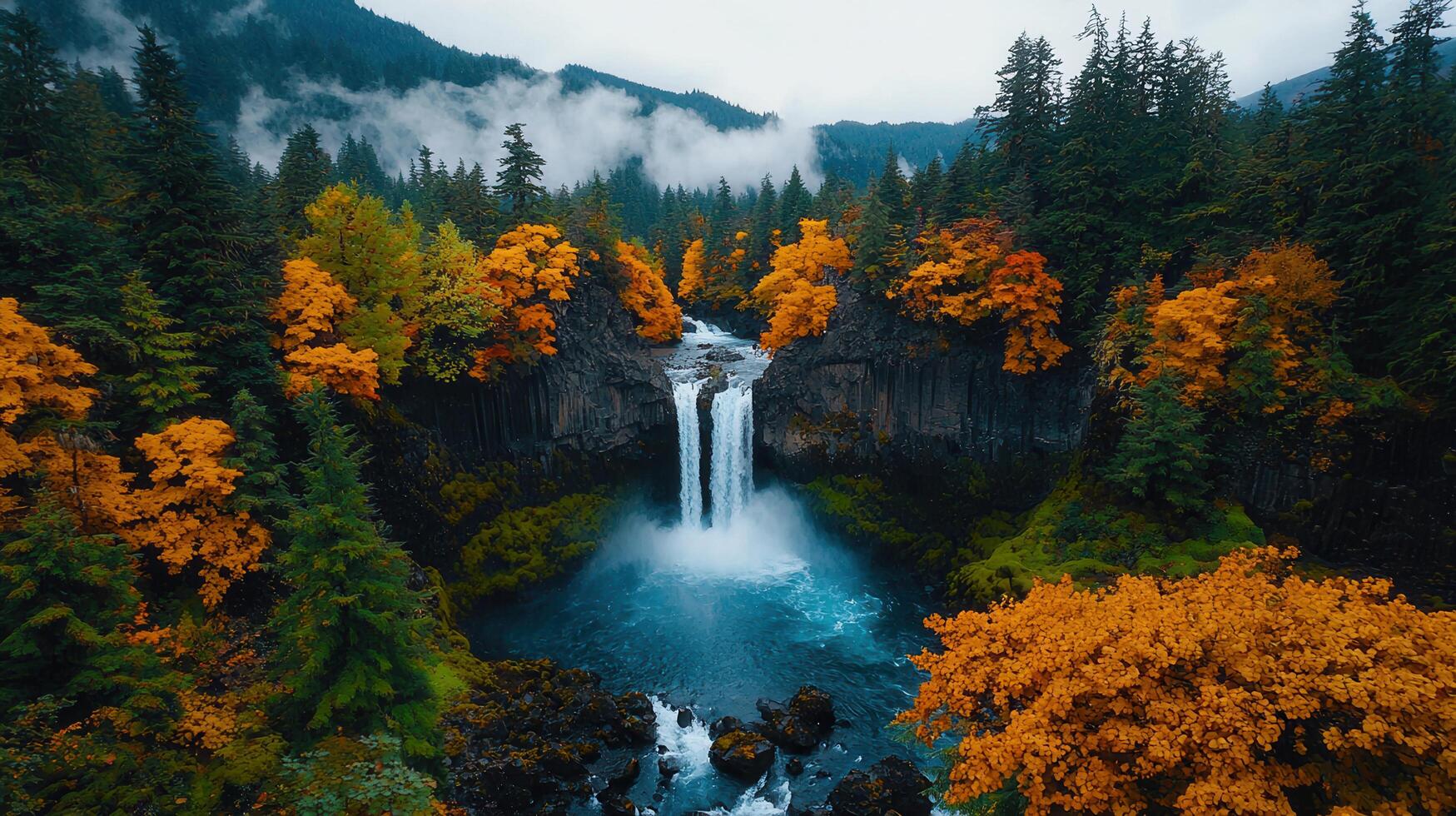 Majestic Waterfall Cascading Through Autumnal Forest Aerial View photo