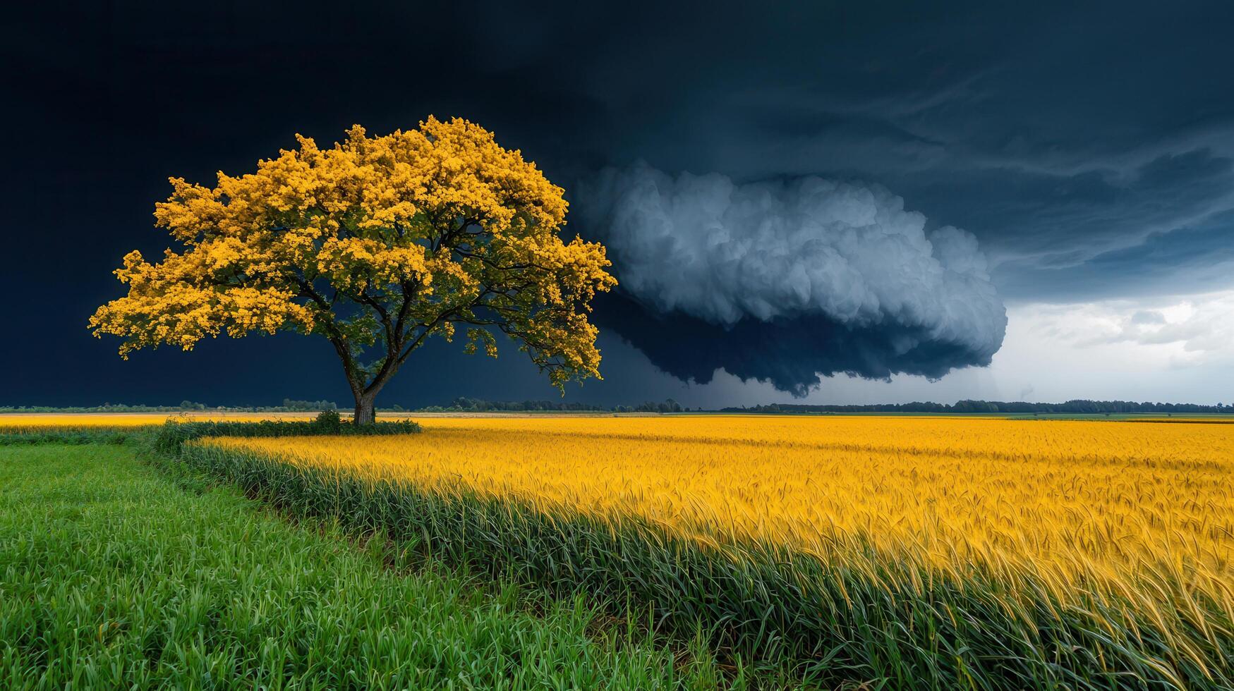 Dramatic Storm Clouds Over Golden Wheat Field with Yellow Tree photo