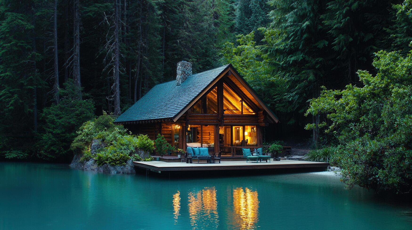 Luxurious Lakeside Log Cabin Retreat in a Secluded Forest at Dusk photo