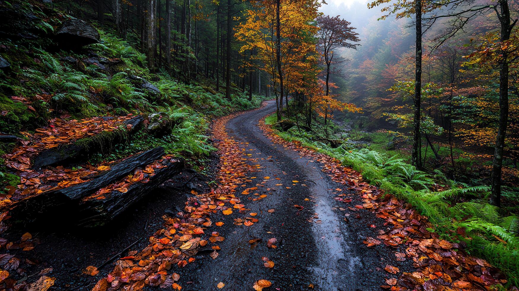 Scenic Autumn Road Colorful Leaves Forest Path Misty Fall Landscape photo