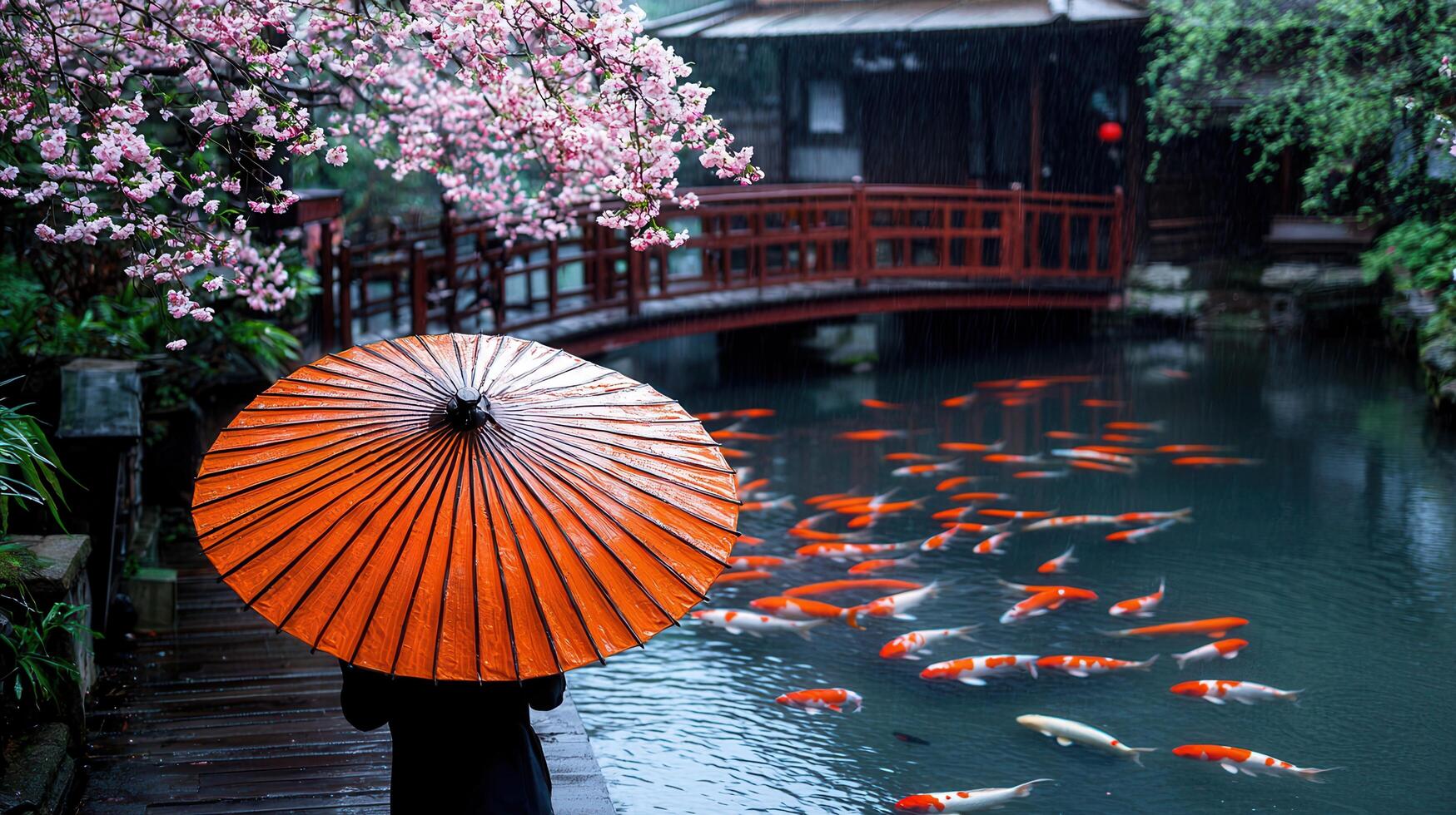 Person with Orange Japanese Umbrella in a Serene Garden Pond with Koi Fish and Cherry Blossoms photo