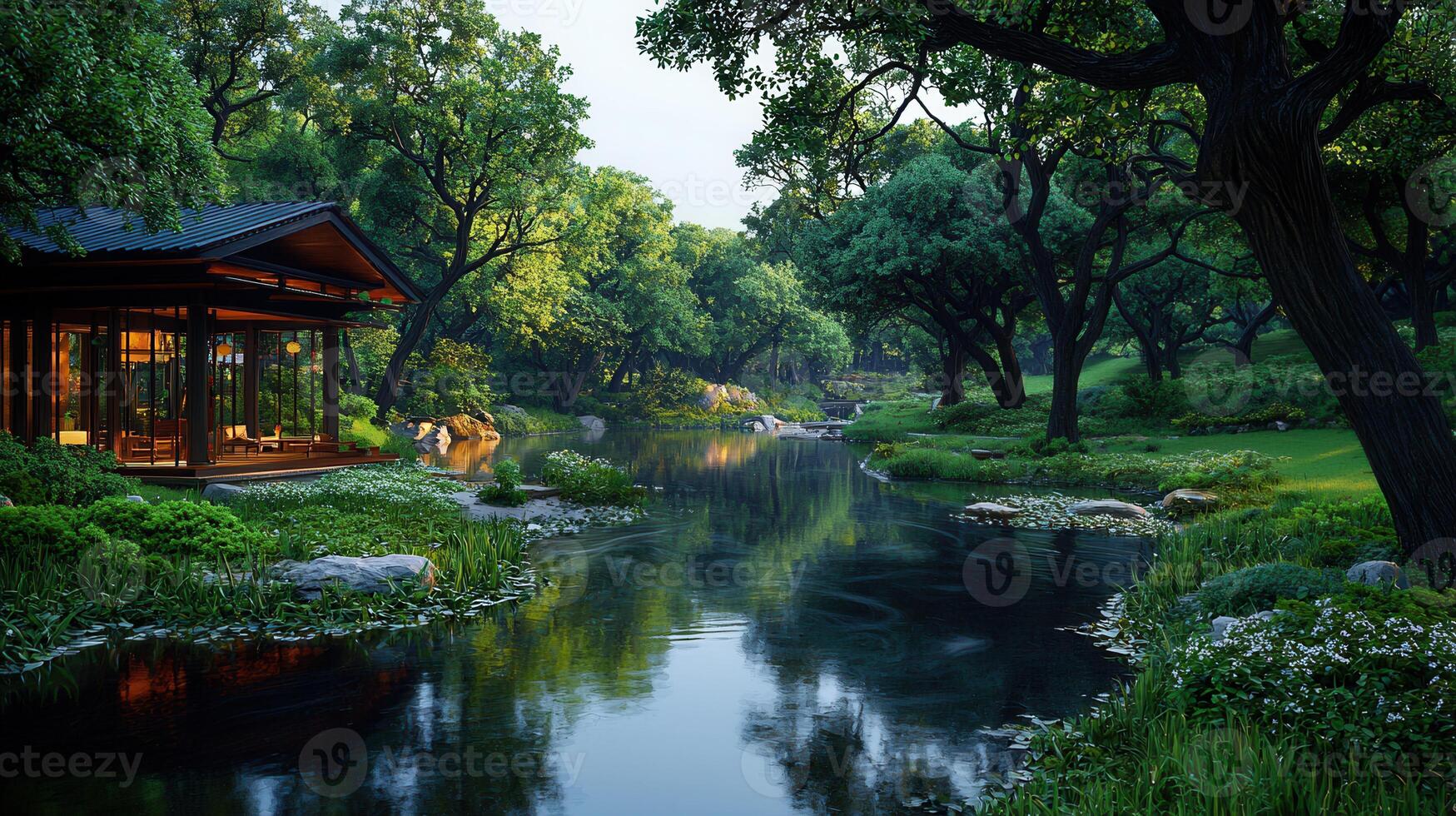 Serene Lakeside Pavilion in Lush Green Garden Tranquil Asian Style Architecture photo