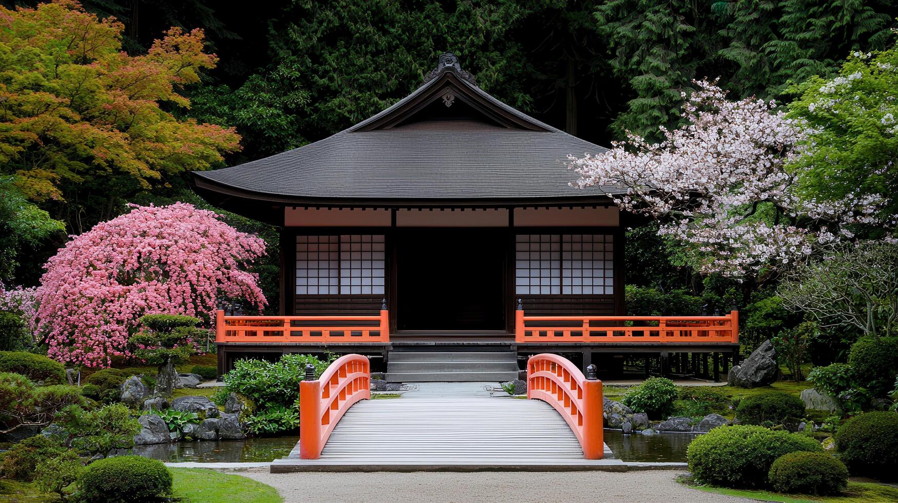 Serene Japanese Garden Temple with Blossoming Cherry Trees and Bridge photo