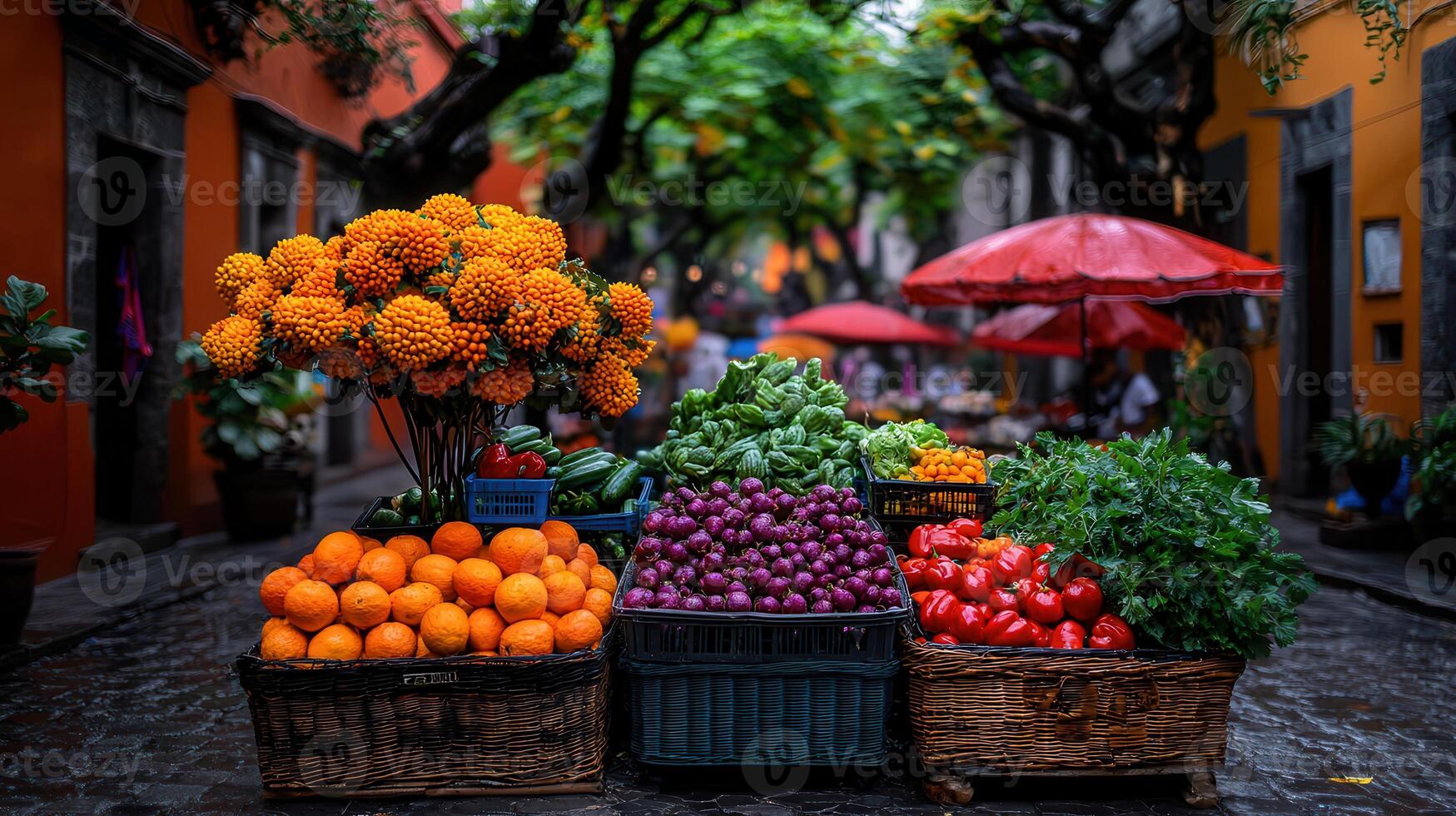 Vibrant Street Market Produce Display Oranges Peppers Eggplants Herbs Flowers photo