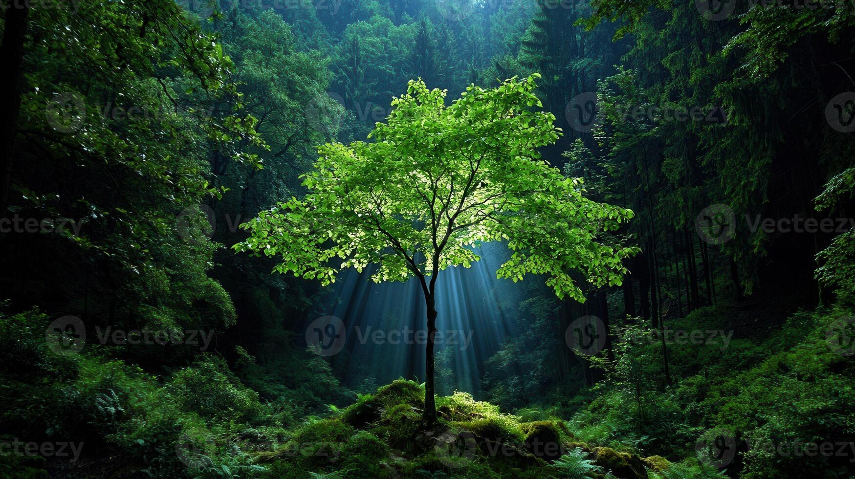 Serene Sunlight Illuminating Lush Green Tree in Deep Forest photo