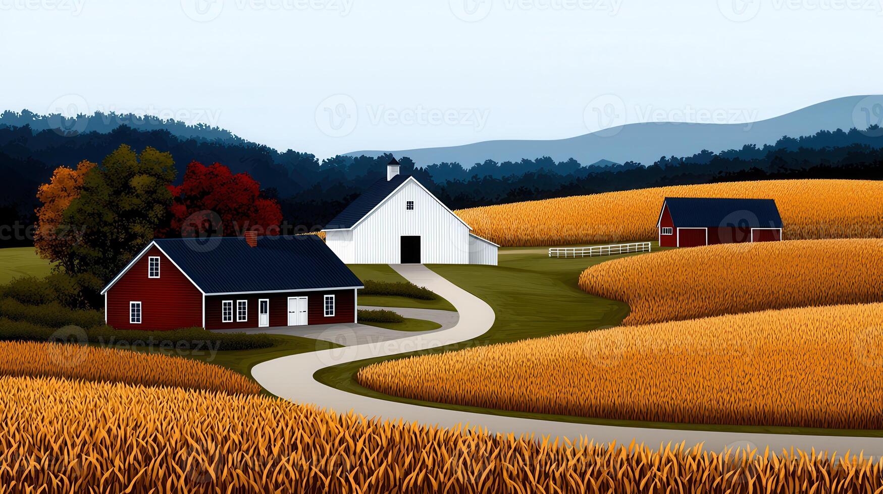 Serene Autumn Farm Scene Rolling Hills Golden Cornfields Red and White Barns photo