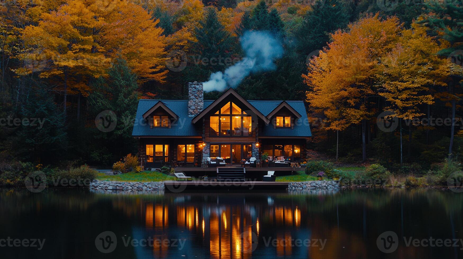 Luxurious Lakeside Cabin in Autumn Illuminated at Dusk Scenic Forest View photo