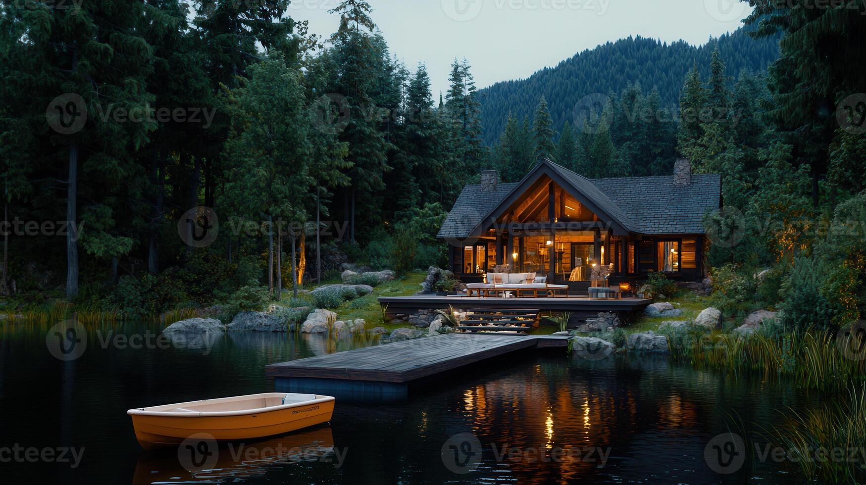 Serene Lakeside Cabin Retreat in a Lush Forest at Dusk photo