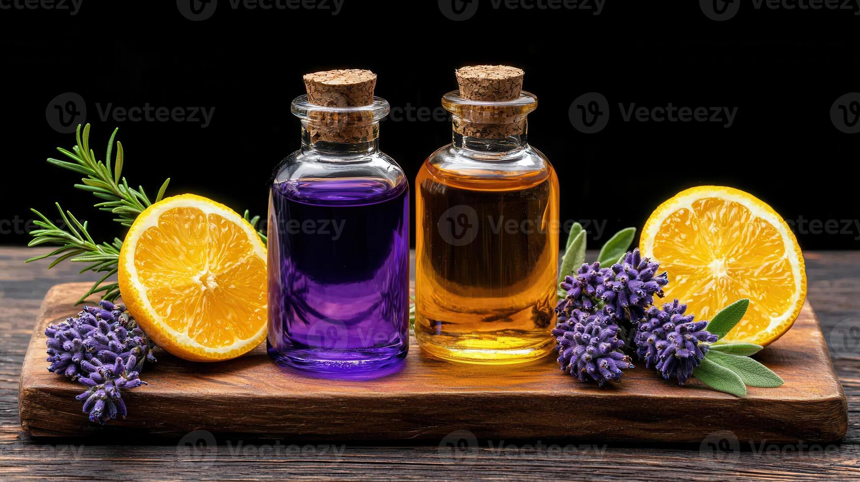 Aromatic Essential Oils Lavender Lemon Rosemary in Glass Bottles photo