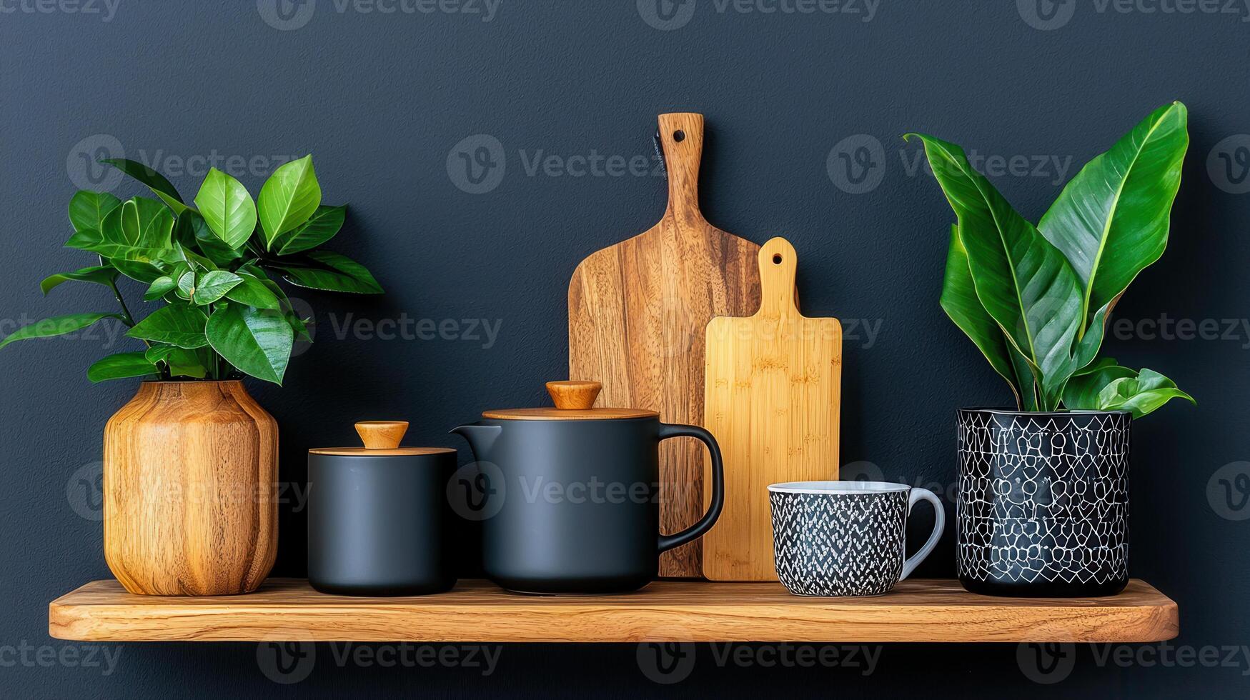 Stylish Kitchen Shelf Decor Wooden Cutters Black Tea Set and Green Plants photo