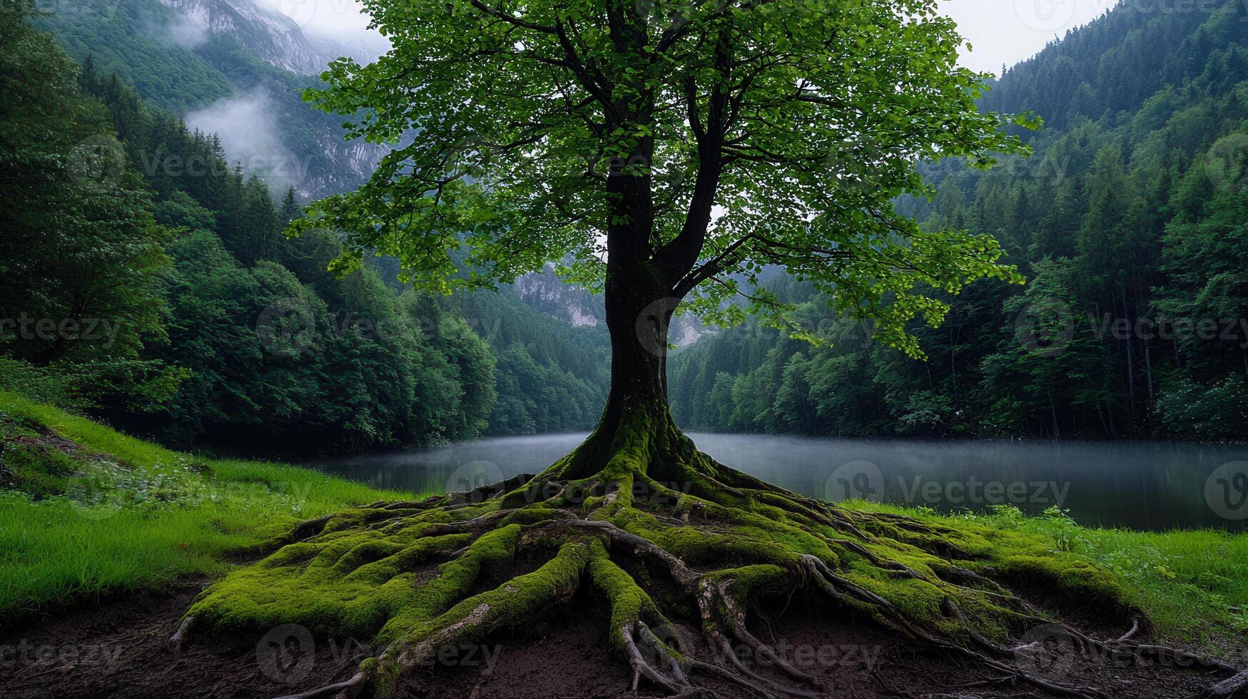Majestic Tree with Exposed Roots by Serene Lake in Lush Green Forest Landscape photo