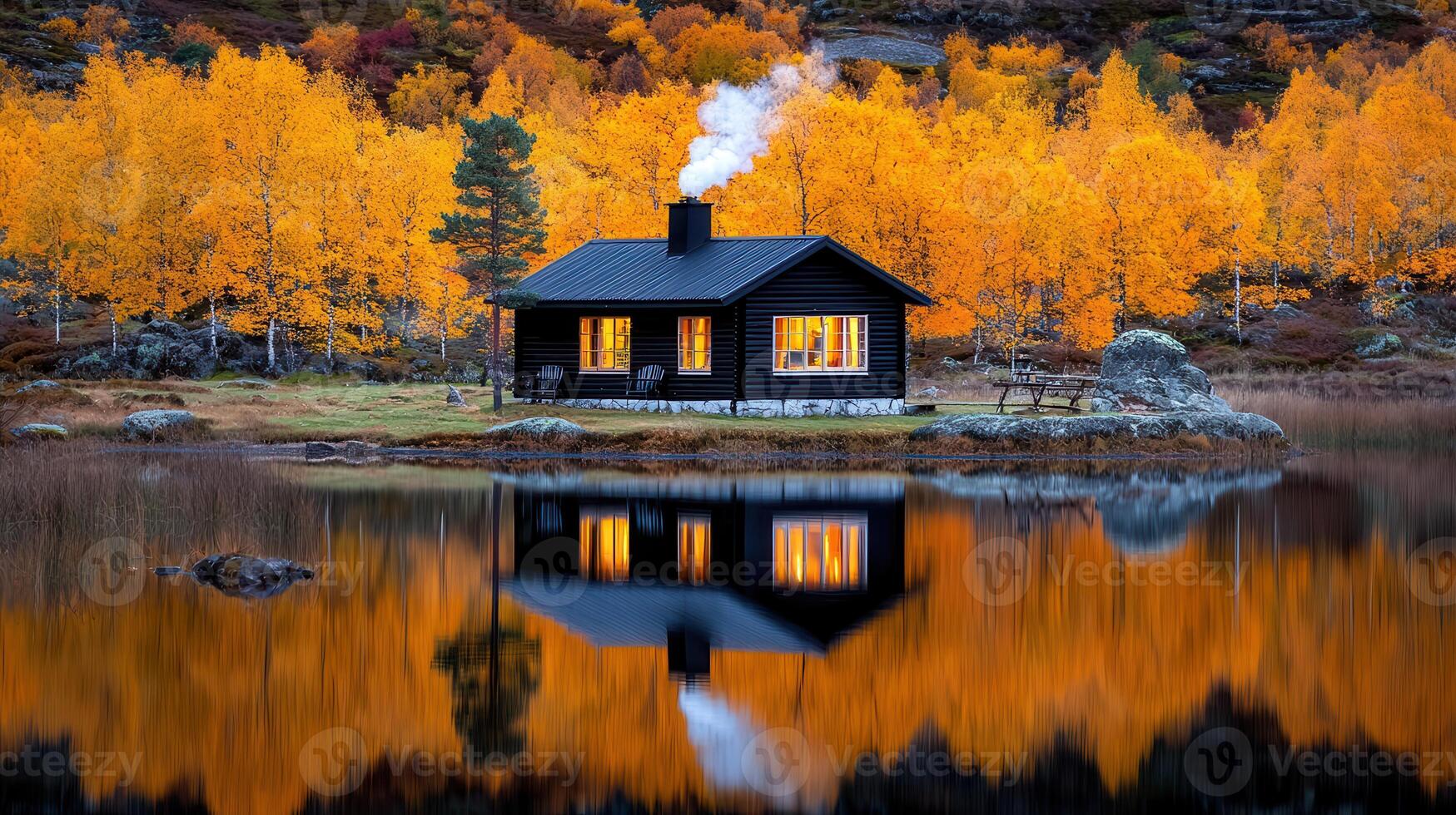 Serene Autumn Cabin by Lake with Golden Birch Trees Reflection photo
