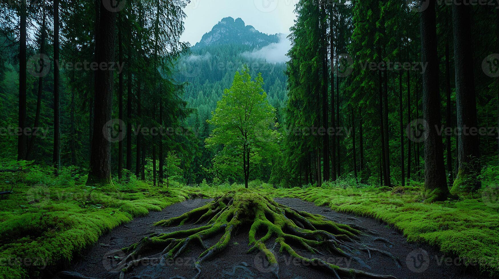 Majestic Tree Roots Path in Lush Evergreen Forest with Mountain View photo