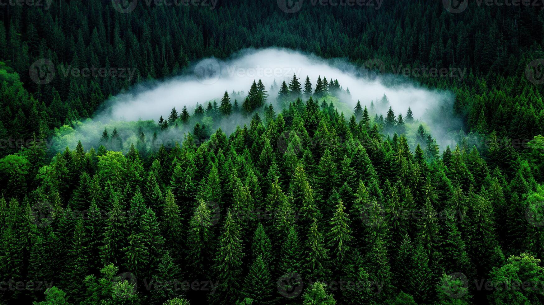 Majestic Fog Enveloping Lush Evergreen Forest Aerial View of Coniferous Trees photo