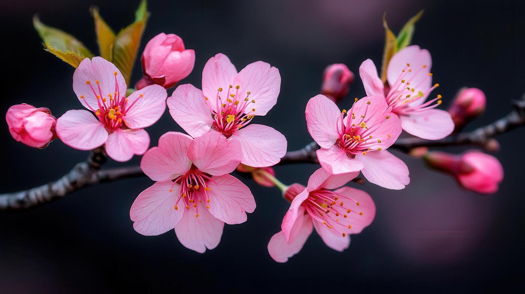 Delicate Pink Cherry Blossoms in Full Bloom on Branch Spring Flowers Macro Photography photo
