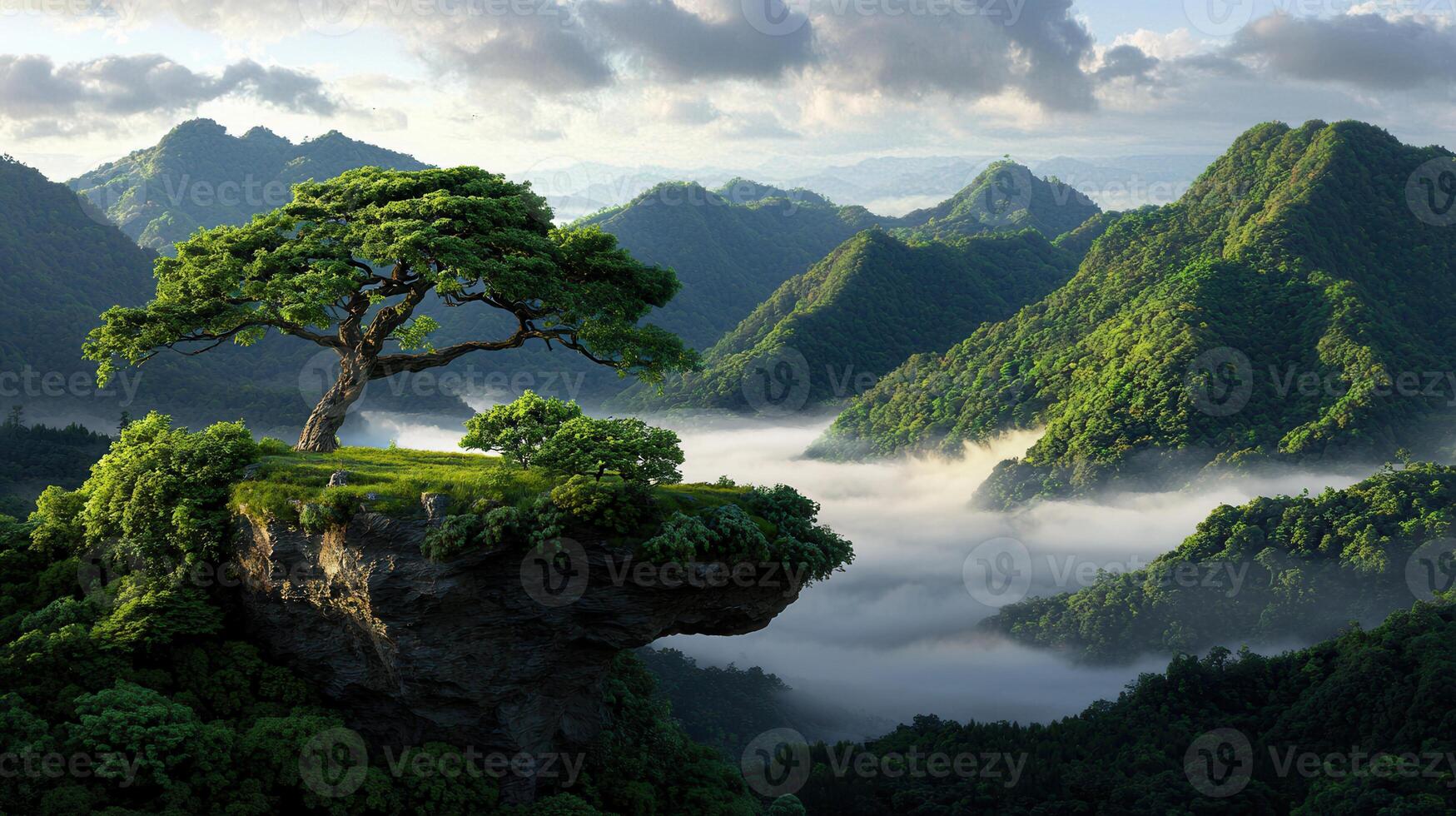 Serene Mountaintop Tree Misty Valley Landscape Panorama photo