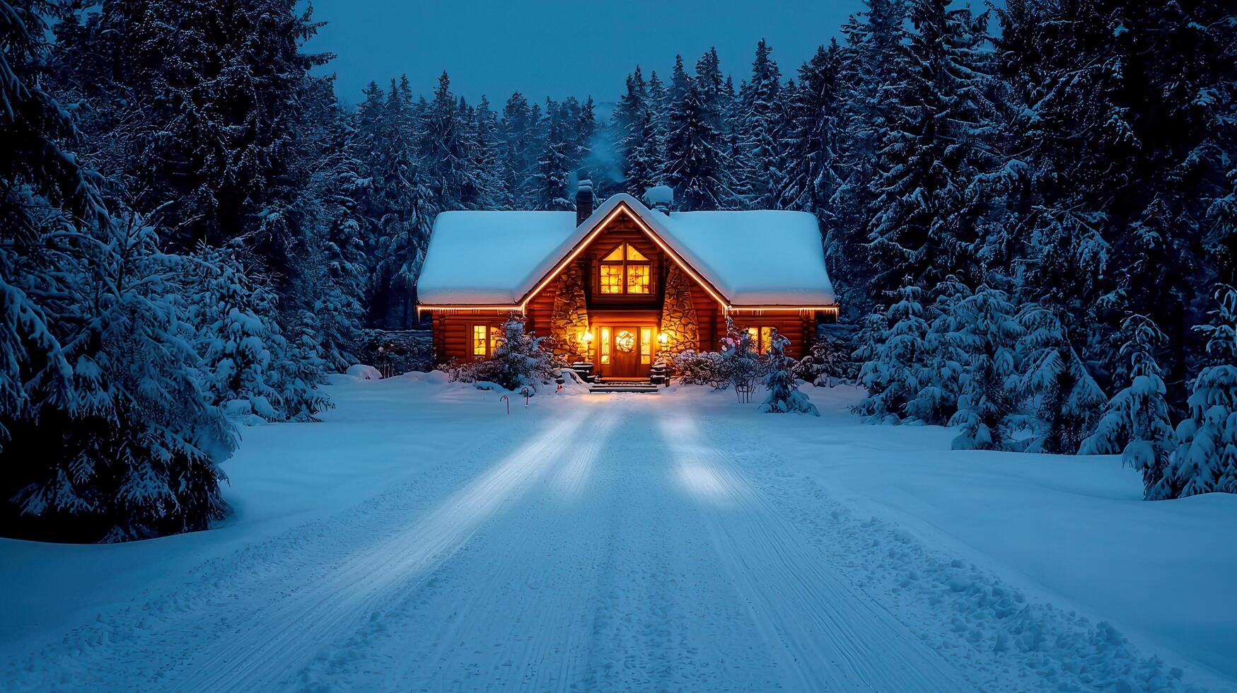 Cozy Illuminated Log Cabin in Snowy Winter Forest Night Scene photo
