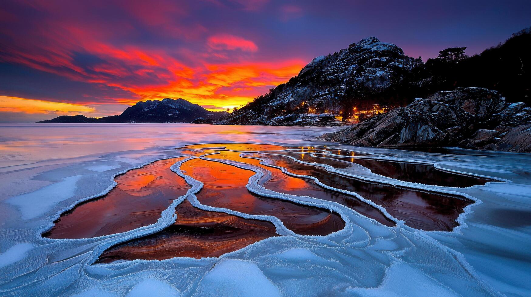 Stunning Frozen Fjord Sunset Ice Patterns Mountains and Vibrant Sky photo