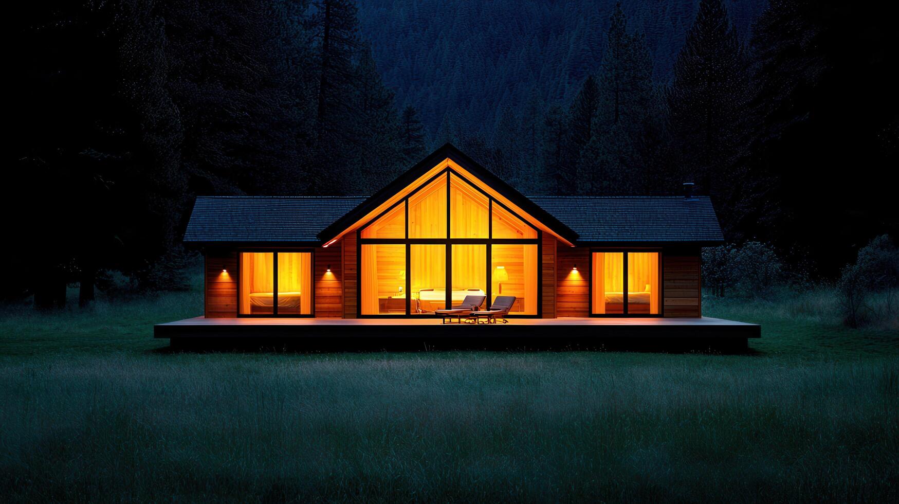 Illuminated Modern Cabin at Night in Forest Setting Peaceful Vacation Home photo