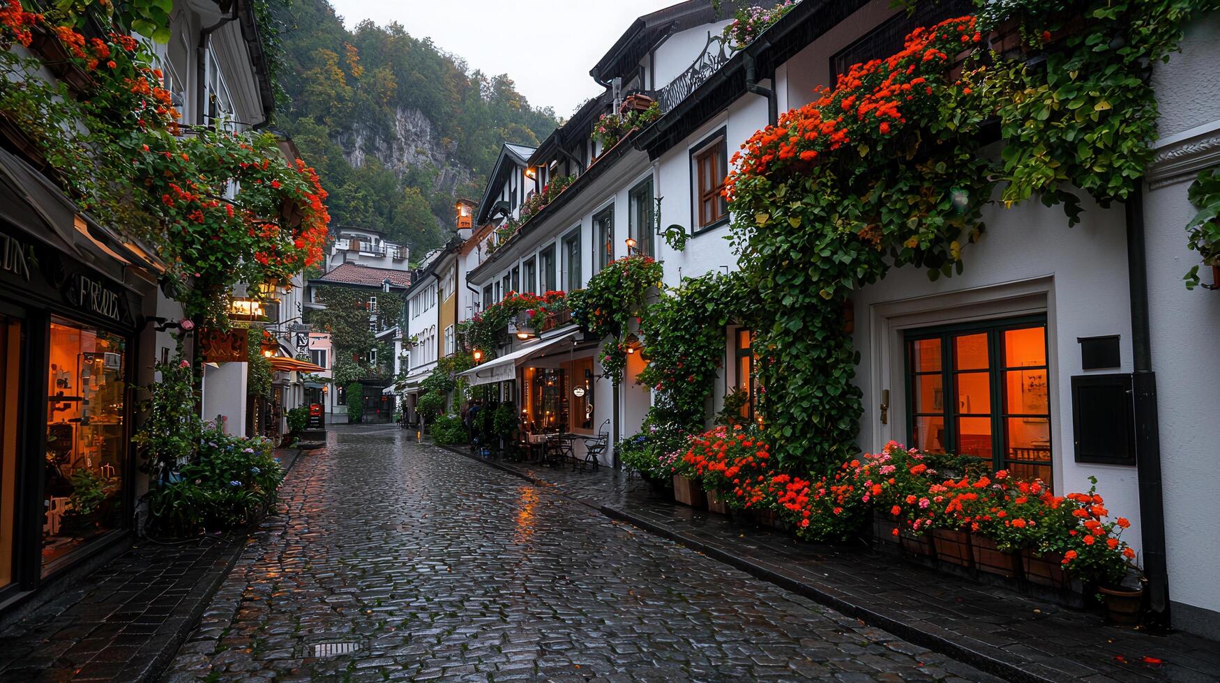 Charming Cobblestone Street European Village Rainy Day Flowers Architecture photo