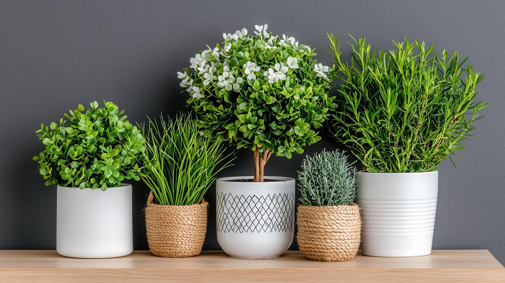 Stylish Potted Plants Arrangement Modern Home Decor with Herbs and Greenery photo